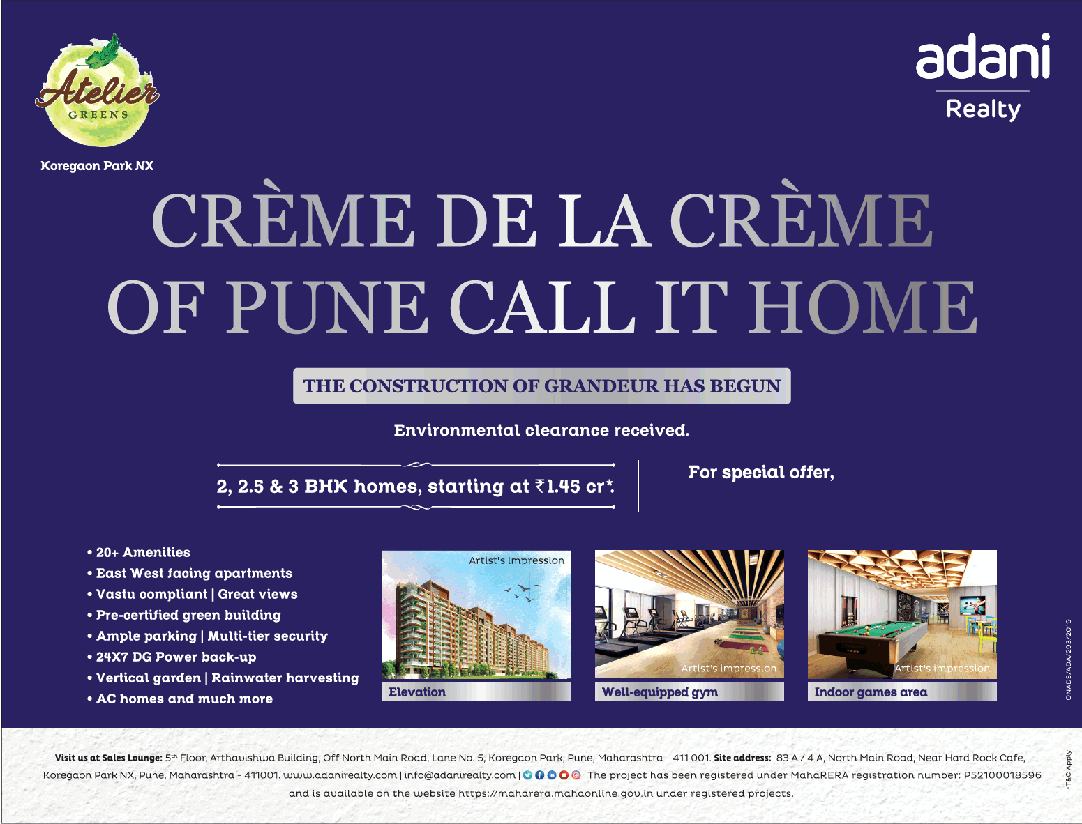 Book 2, 2.5 & 3 BHK homes, starting at Rs 1.45 Cr at Adani Atelier Greens in Pune Update